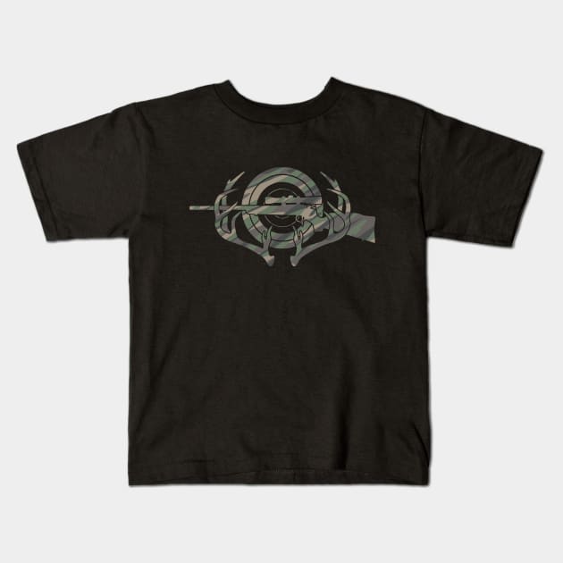 Camouflage Hunting and Shooting Sports Logo with Rifle, Buck Horns and Target Kids T-Shirt by hobrath